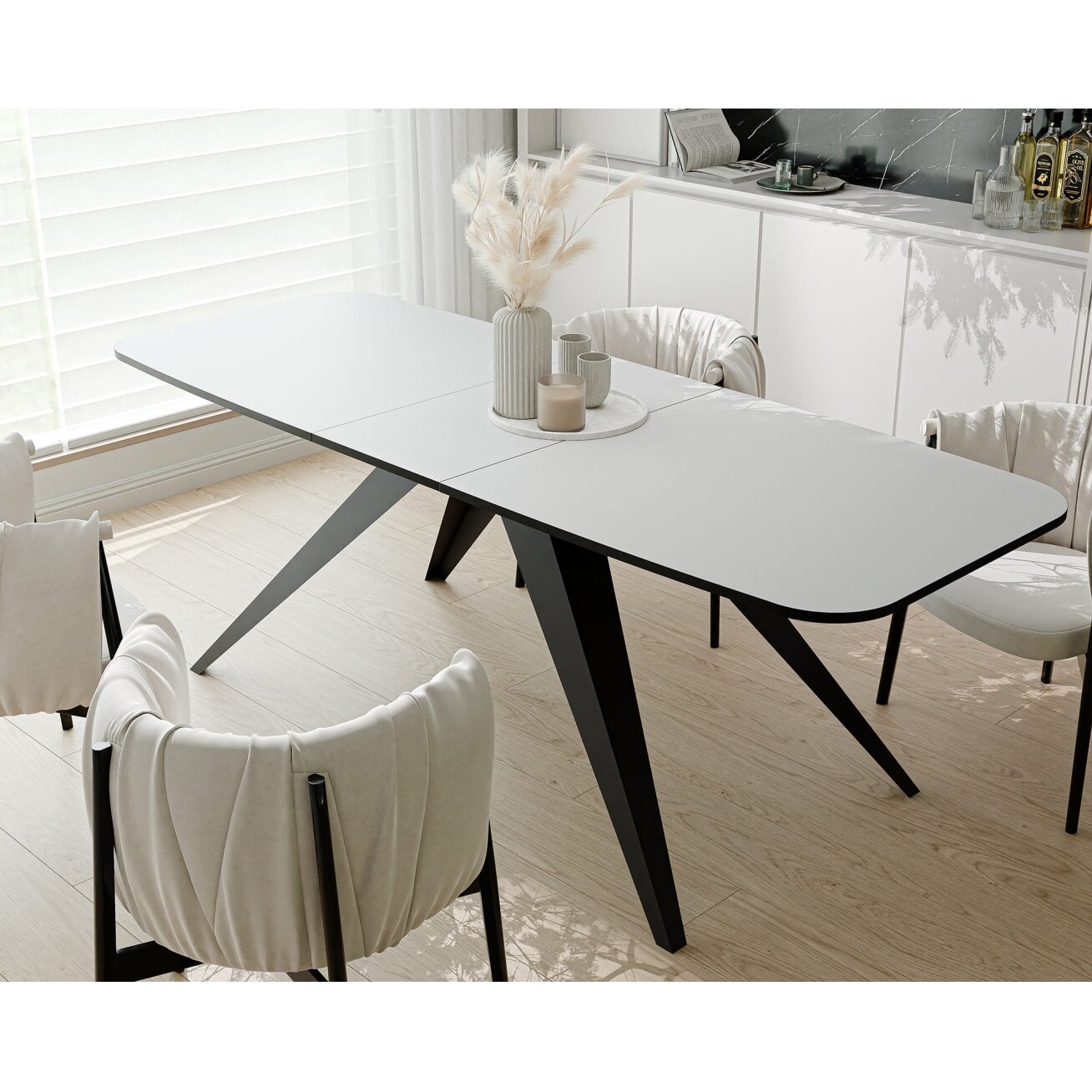 Modernus išskleidžiamas stalas FENTO su metalinėmis kojomis Spalvos: Juoda / arktinė balta, Plotis: 160 cm 1