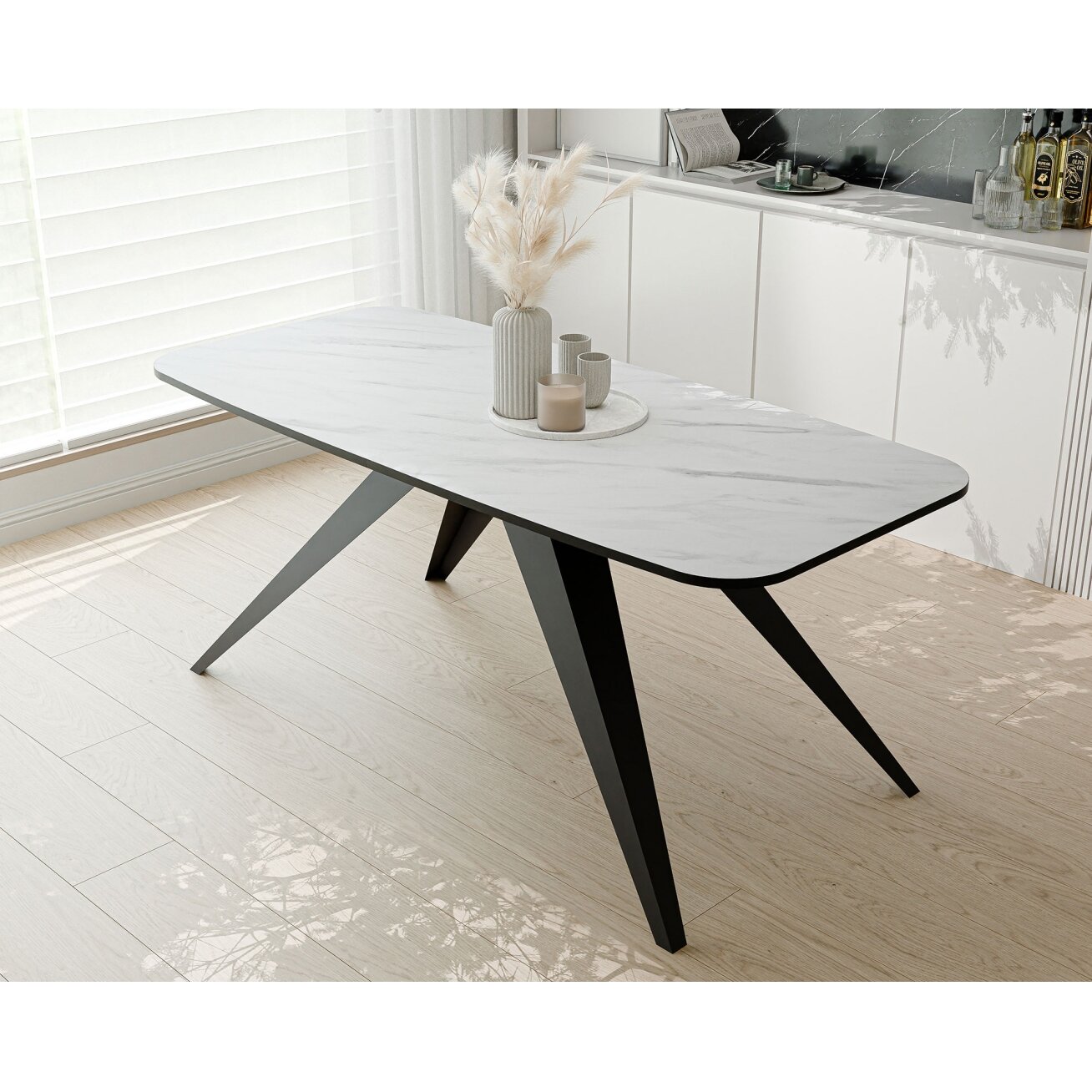 Modernus išskleidžiamas stalas FENTO su metalinėmis kojomis Spalvos: Juoda / marmuras bianco, Plotis: 160 cm 3 Modernus išskleidžiamas stalas FENTO su metalinėmis kojomis Spalvos: Juoda / marmuras bianco, Plotis: 160 cm 3