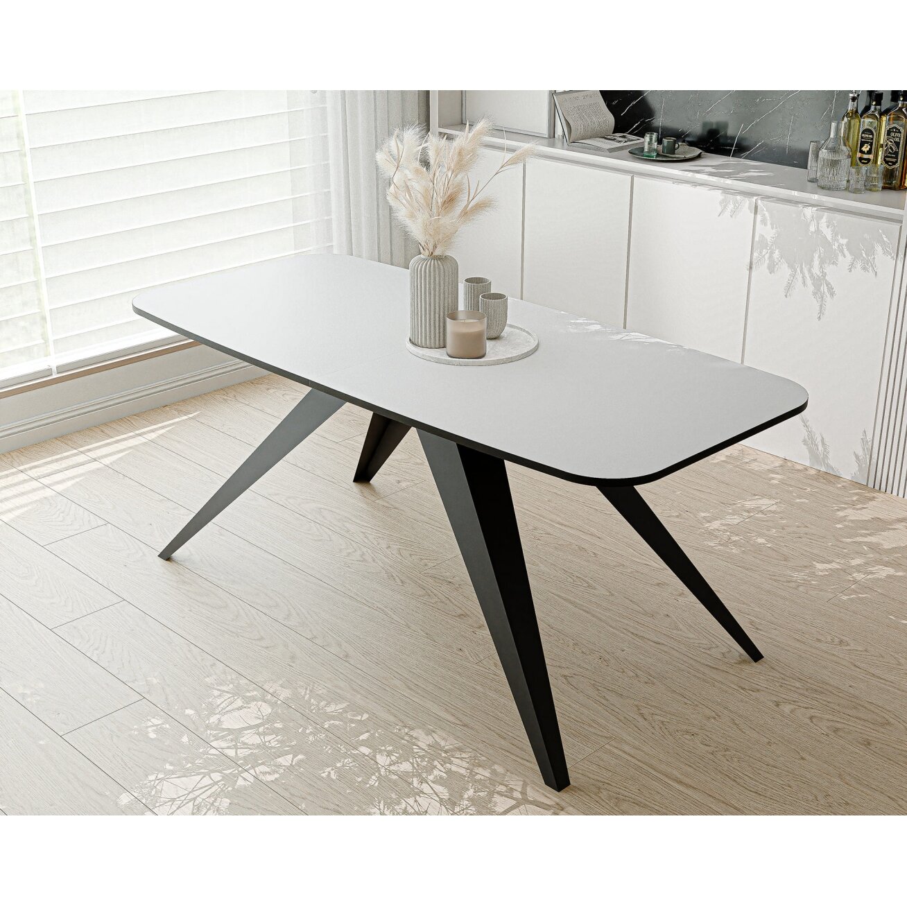 Modernus išskleidžiamas stalas FENTO su metalinėmis kojomis Spalvos: Juoda / arktinė balta, Plotis: 160 cm 3 Modernus išskleidžiamas stalas FENTO su metalinėmis kojomis Spalvos: Juoda / arktinė balta, Plotis: 160 cm 3