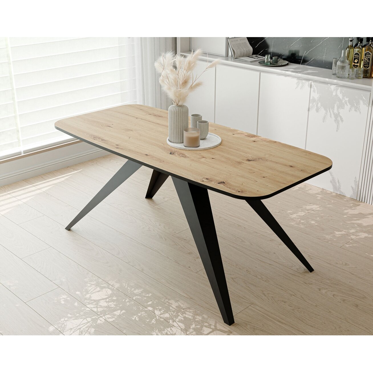 Modernus išskleidžiamas stalas FENTO su metalinėmis kojomis Spalvos: Juoda / artisan ąžuolas, Plotis: 180 cm 3 Modernus išskleidžiamas stalas FENTO su metalinėmis kojomis Spalvos: Juoda / artisan ąžuolas, Plotis: 180 cm 3