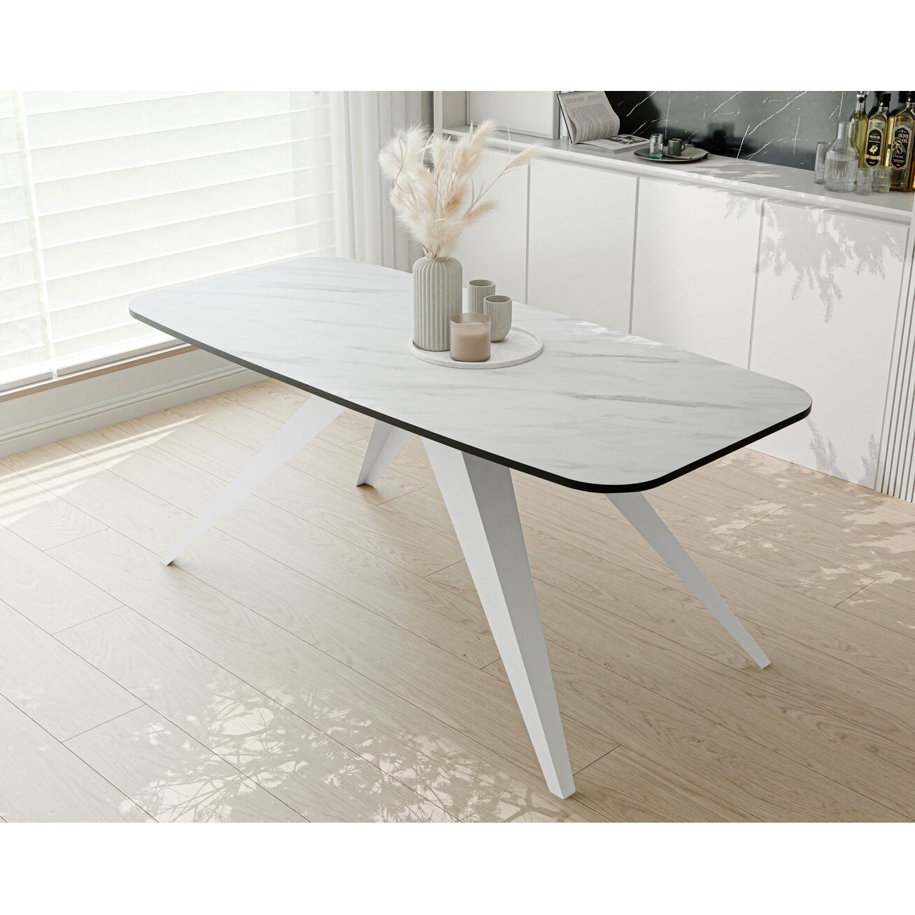 Modernus išskleidžiamas stalas FENTO su metalinėmis kojomis Spalvos: Balta / marmuras bianco, Plotis: 180 cm 3