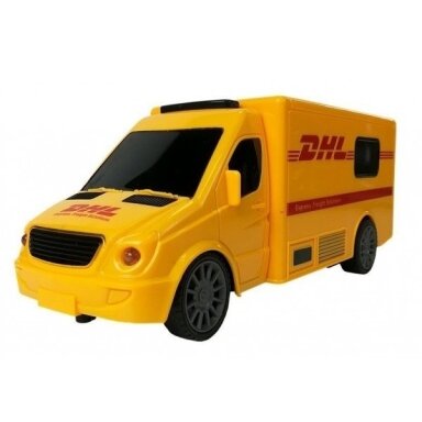 Nuotoliniu būdu valdomas kurjerinis DHL furgonas su šviesos ir garso efektais Nuotoliniu būdu valdomas kurjerinis DHL furgonas su šviesos ir garso efektais