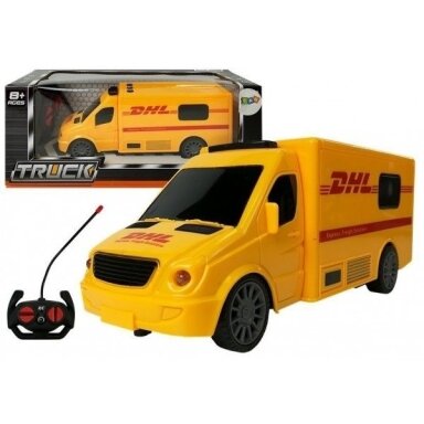 Nuotoliniu būdu valdomas kurjerinis DHL furgonas su šviesos ir garso efektais Nuotoliniu būdu valdomas kurjerinis DHL furgonas su šviesos ir garso efektais