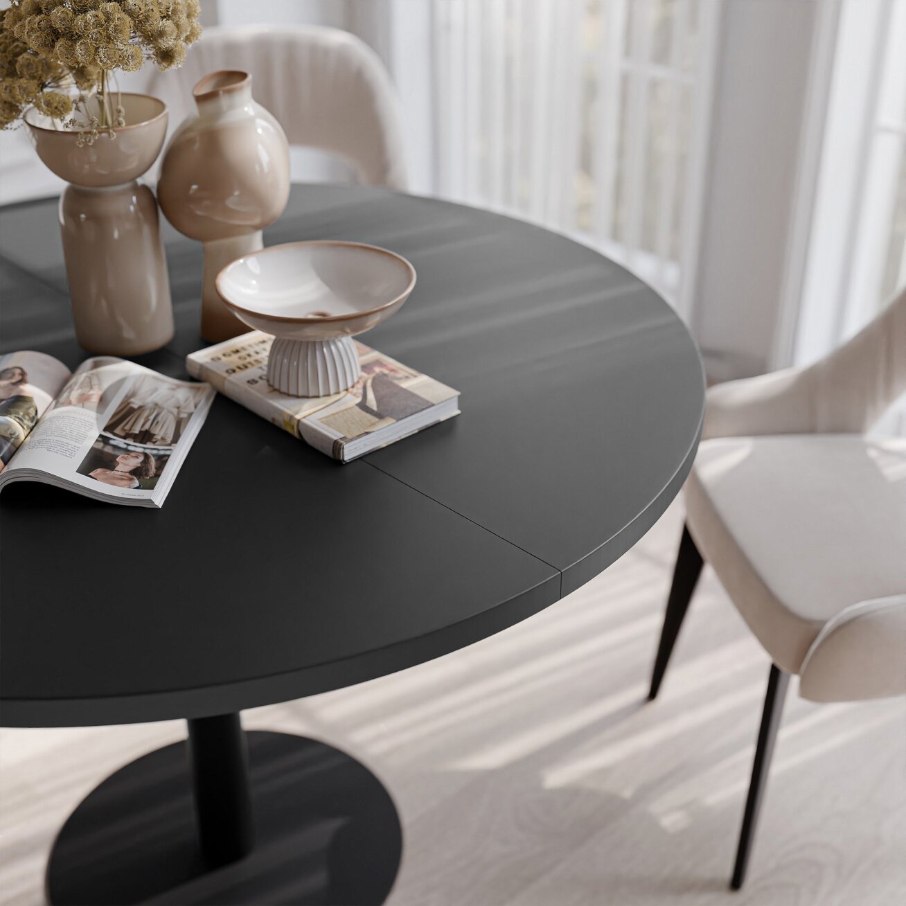 Apvalus išskleidžiamas stalas BORTA 100 cm ant metalinio pagrindo Spalvos: Juoda / juodas molet 3