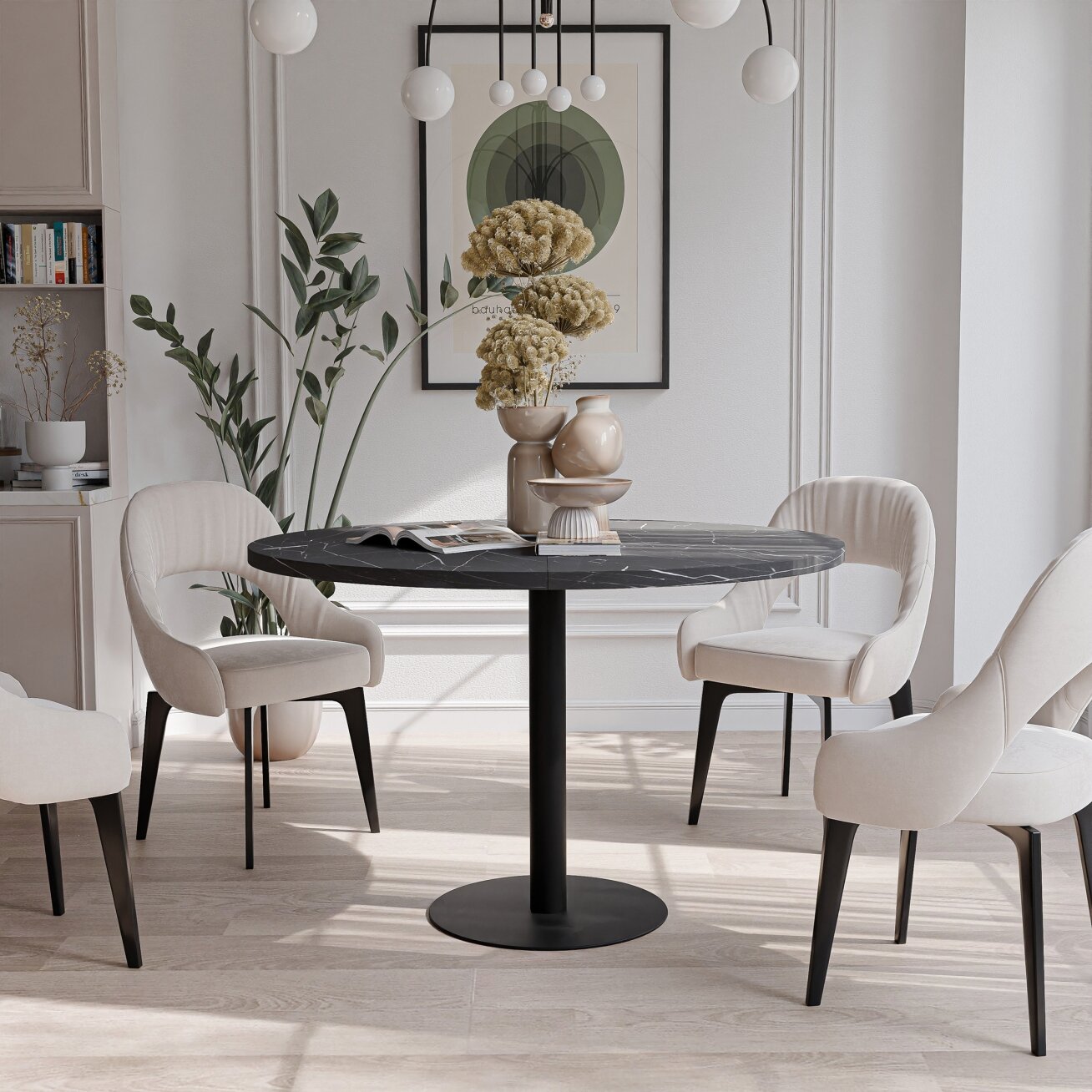 Apvalus išskleidžiamas stalas BORTA 100 cm ant metalinio pagrindo Spalvos: Juoda / grigia pietra