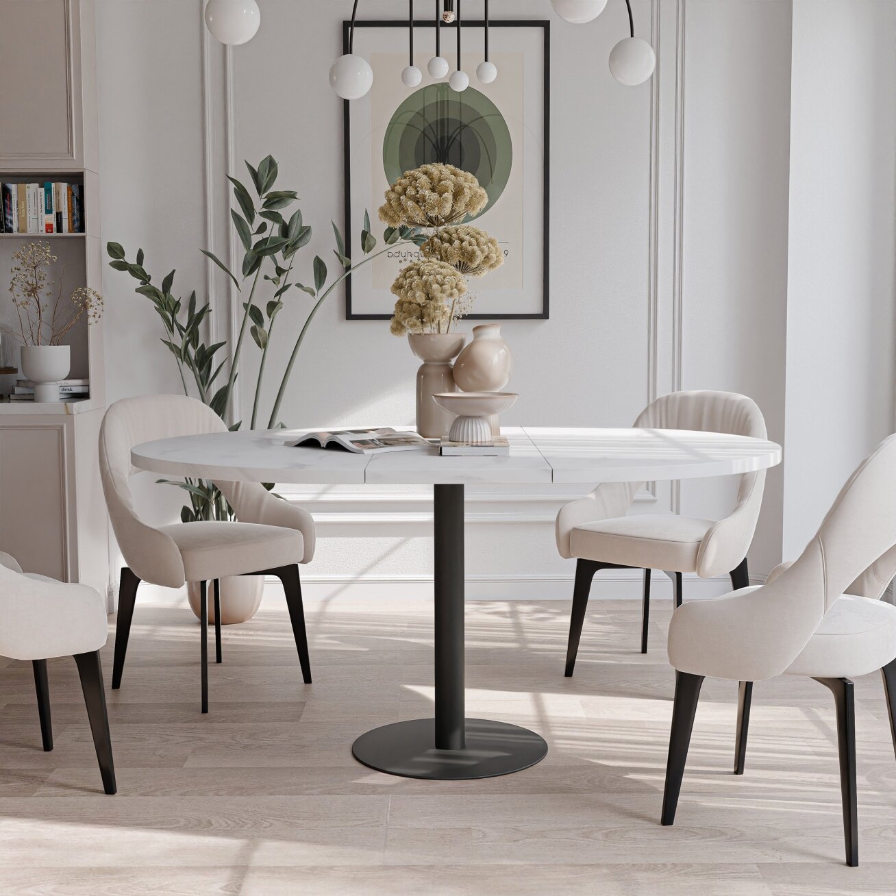 Apvalus išskleidžiamas stalas BORTA 100 cm ant metalinio pagrindo Spalvos: Juoda / bianco marmuras 1 Apvalus išskleidžiamas stalas BORTA 100 cm ant metalinio pagrindo Spalvos: Juoda / bianco marmuras 1