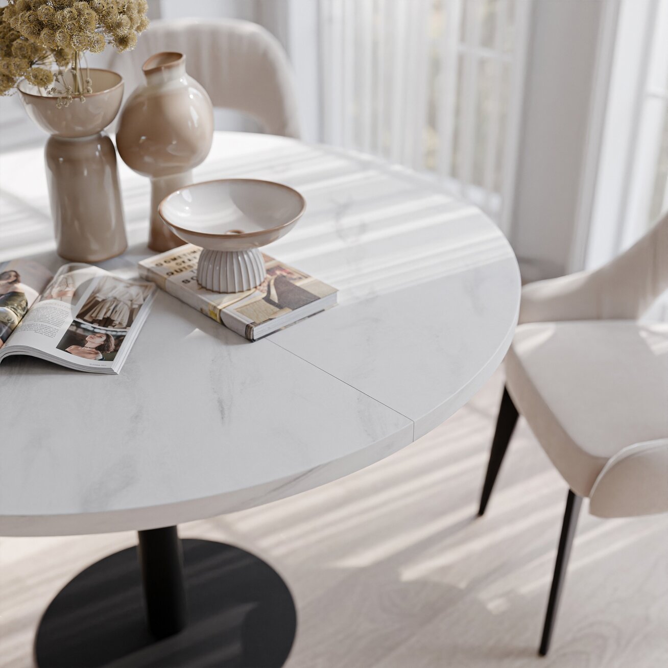 Apvalus išskleidžiamas stalas BORTA 100 cm ant metalinio pagrindo Spalvos: Juoda / bianco marmuras 3