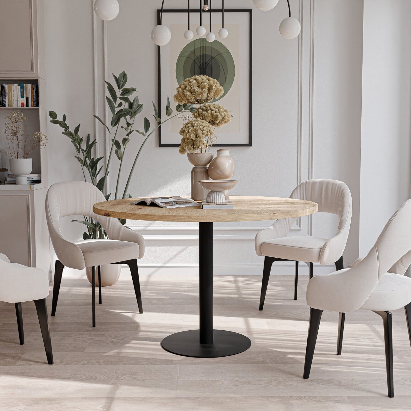 Apvalus išskleidžiamas stalas BORTA 100 cm ant metalinio pagrindo Spalvos: Juoda / artisan ąžuolas