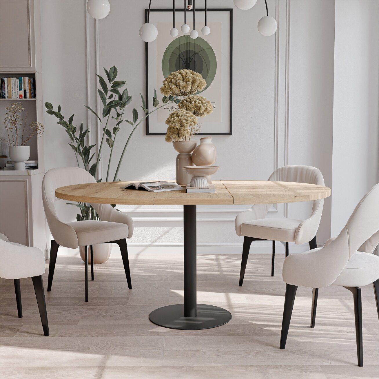 Apvalus išskleidžiamas stalas BORTA 100 cm ant metalinio pagrindo Spalvos: Juoda / artisan ąžuolas 1 Apvalus išskleidžiamas stalas BORTA 100 cm ant metalinio pagrindo Spalvos: Juoda / artisan ąžuolas 1