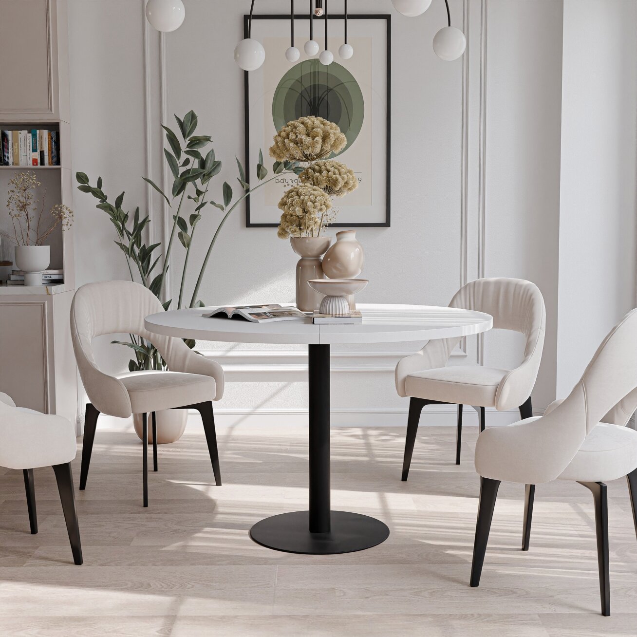 Apvalus išskleidžiamas stalas BORTA 100 cm ant metalinio pagrindo Spalvos: Juoda / arktinė balta