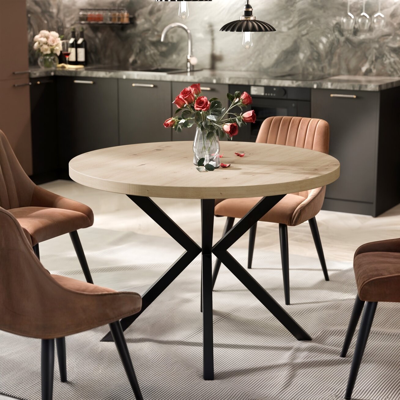 Apvalus išskleidžiamas stalas MILTON ant metalinių kojų Spalvos: Juoda / ąžuolas artisan, Skersmuo: ø 90 cm 1