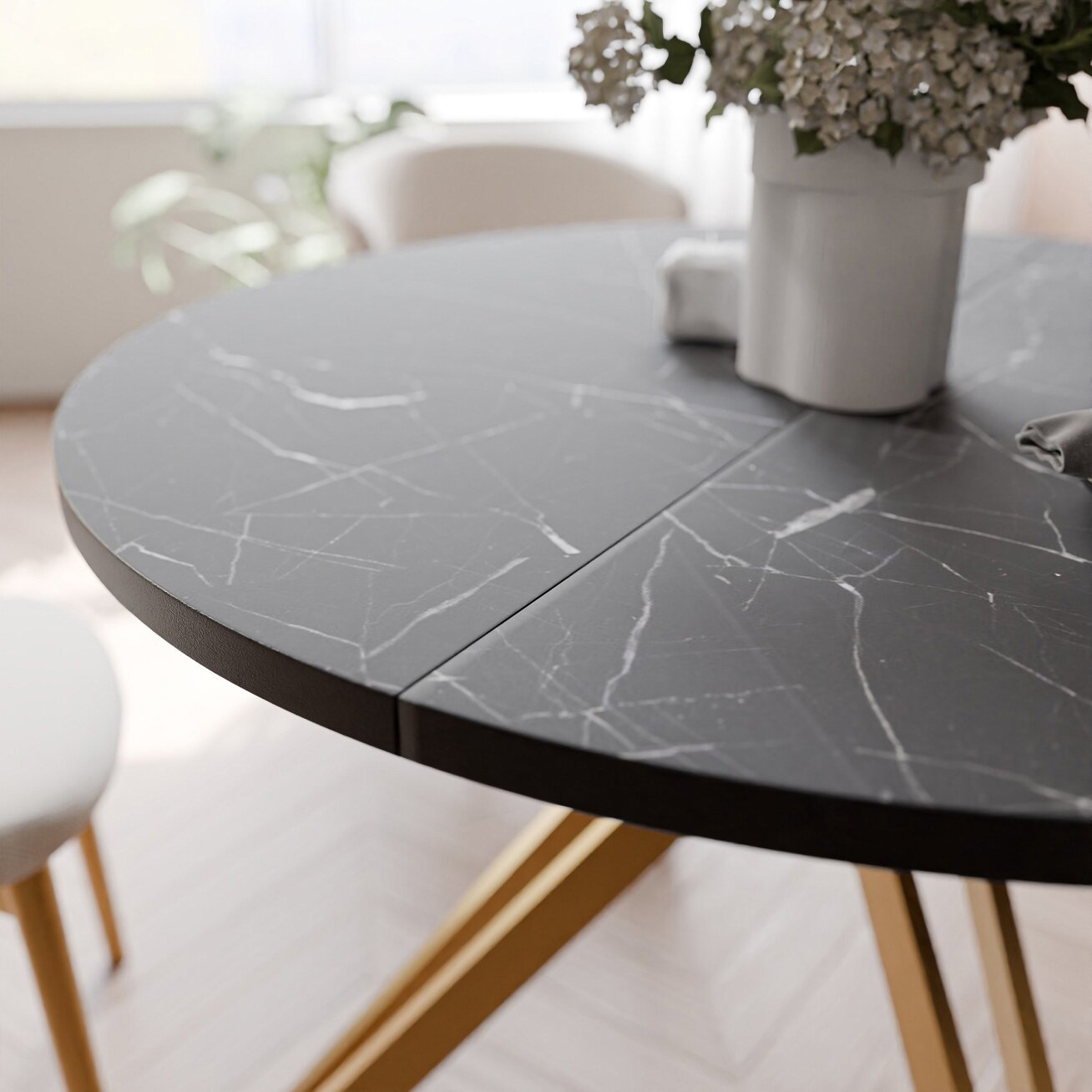 Apvalus išskleidžiamas stalas RAMIRO ant metalinių kojų Spalvos: Auksinė / grigia pietra, Skersmuo: ø 100 cm 2