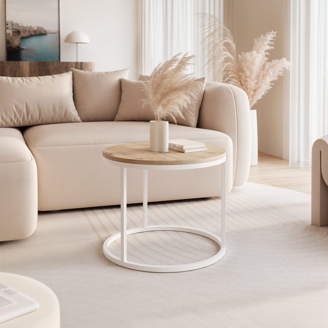 Apvalus kavos staliukas LAVO 50 cm ant balto metalinio pagrindo Spalvos: Balta / artisan ąžuolas 2