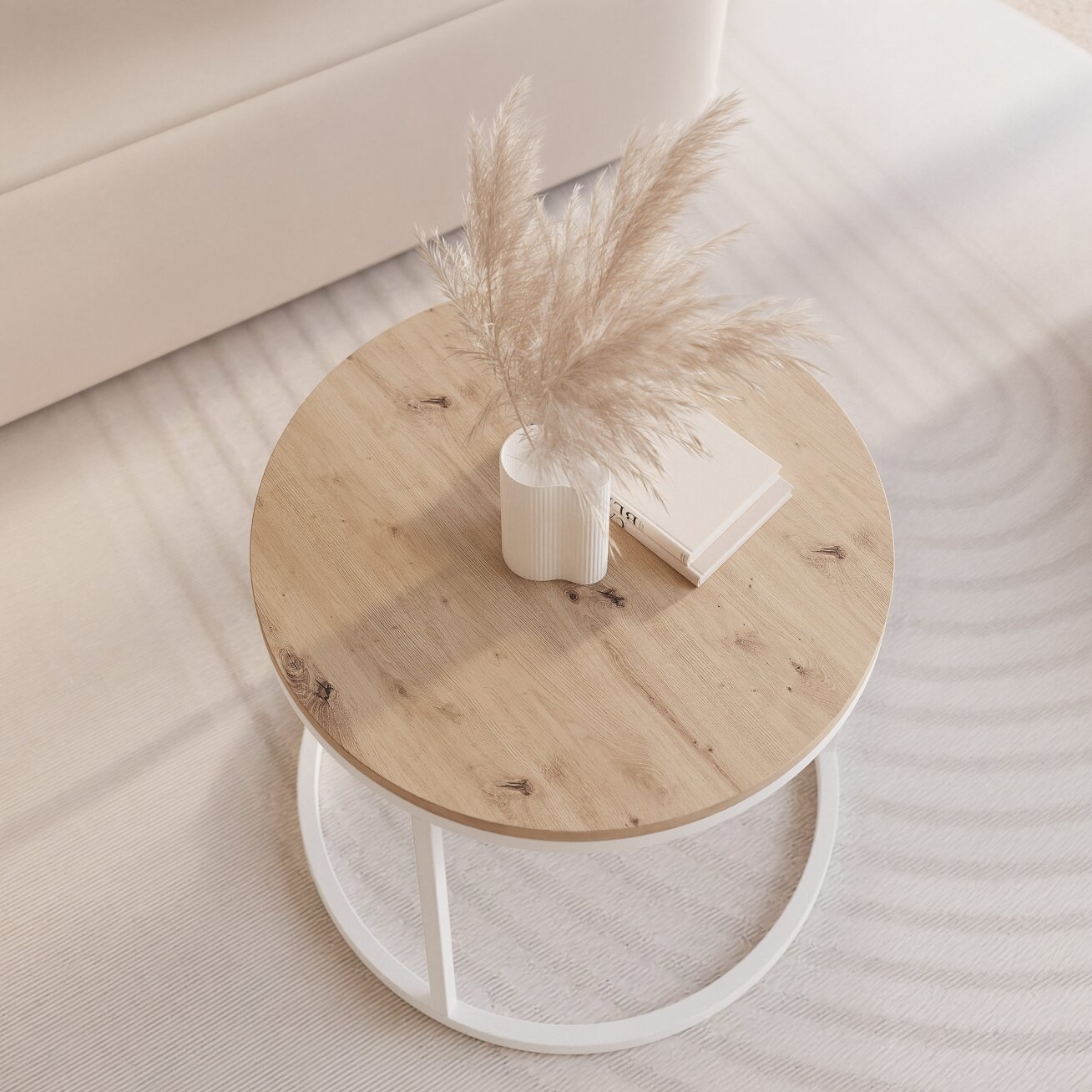 Apvalus kavos staliukas LAVO 50 cm ant balto metalinio pagrindo Spalvos: Balta / artisan ąžuolas 4