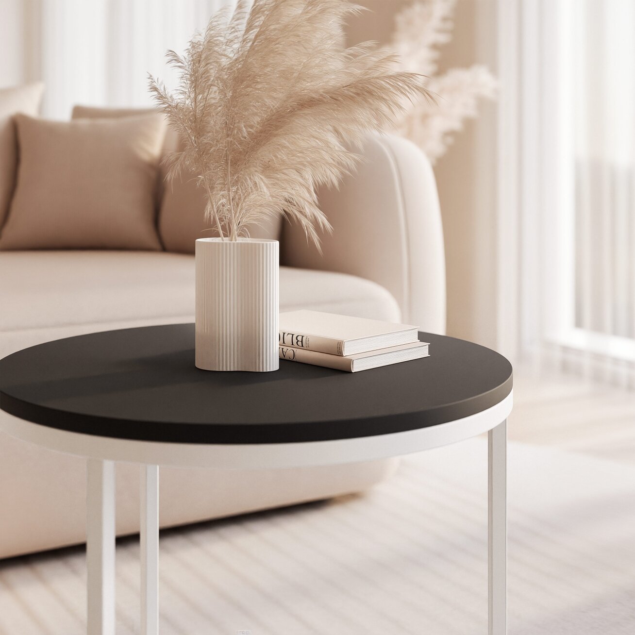 Apvalus kavos staliukas LAVO 50 cm ant baltos metalinės bazės Spalvos: Balta / juoda mat 1