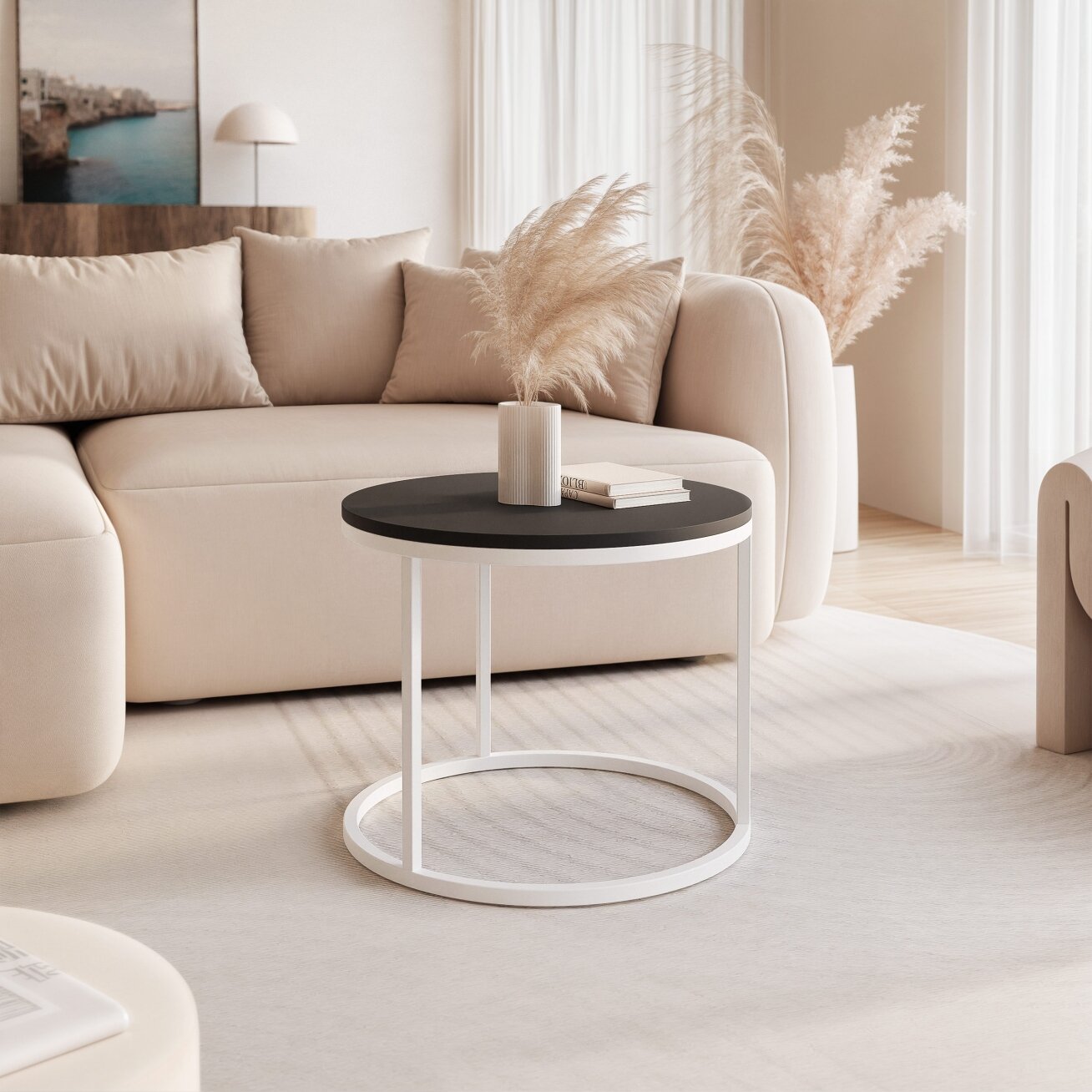 Apvalus kavos staliukas LAVO 50 cm ant baltos metalinės bazės Spalvos: Balta / juoda mat 2 Apvalus kavos staliukas LAVO 50 cm ant baltos metalinės bazės Spalvos: Balta / juoda mat 2