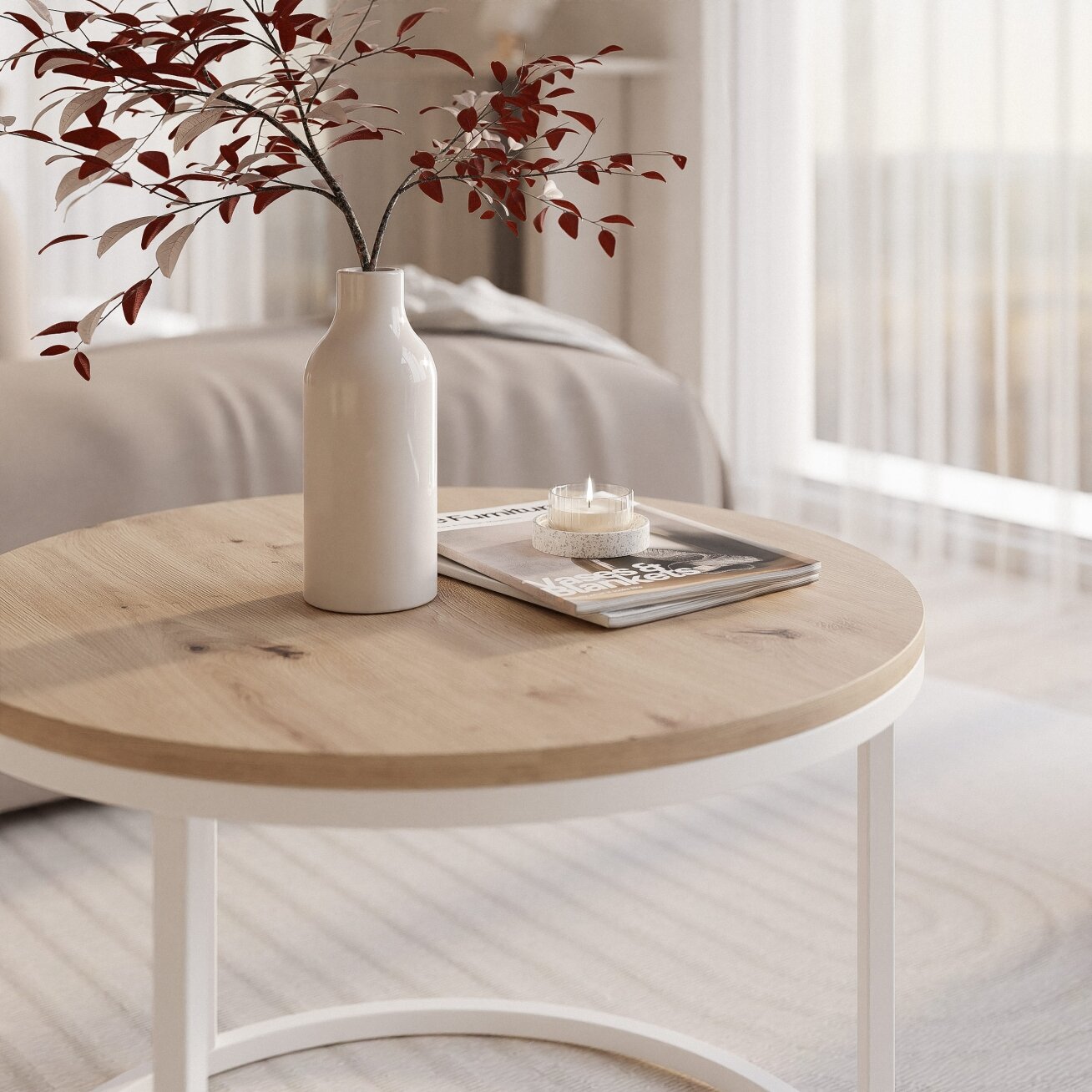 Apvalus kavos staliukas LAVO 60 cm ant balto metalinio pagrindo Spalvos: Balta / ąžuolas artisan 1