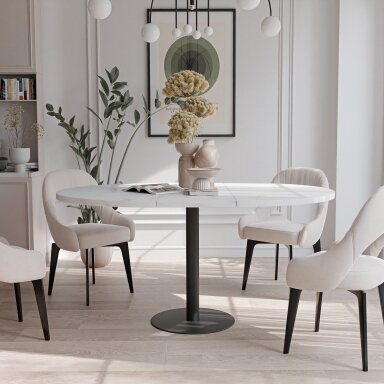 Apvalus išskleidžiamas stalas BORTA 100 cm ant metalinio pagrindo Spalvos: Juoda / bianco marmuras