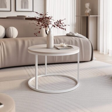 Apvalus kavos staliukas LAVO 60 cm ant balto metalinio pagrindo Spalvos: Balta / kašmyras