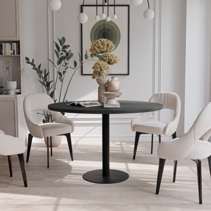 Apvalus išskleidžiamas stalas BORTA 100 cm ant metalinio pagrindo Spalvos: Juoda / juodas molet Apvalus išskleidžiamas stalas BORTA 100 cm ant metalinio pagrindo Spalvos: Juoda / juodas molet