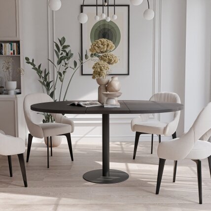 Apvalus išskleidžiamas stalas BORTA 100 cm ant metalinio pagrindo Spalvos: Juoda / juodas molet 1 Apvalus išskleidžiamas stalas BORTA 100 cm ant metalinio pagrindo Spalvos: Juoda / juodas molet 1