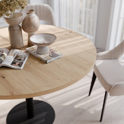 Apvalus išskleidžiamas stalas BORTA 100 cm ant metalinio pagrindo Spalvos: Juoda / artisan ąžuolas 3 Apvalus išskleidžiamas stalas BORTA 100 cm ant metalinio pagrindo Spalvos: Juoda / artisan ąžuolas 3
