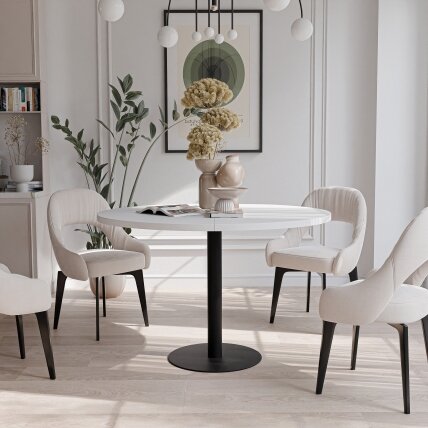 Apvalus išskleidžiamas stalas BORTA 100 cm ant metalinio pagrindo Spalvos: Juoda / arktinė balta Apvalus išskleidžiamas stalas BORTA 100 cm ant metalinio pagrindo Spalvos: Juoda / arktinė balta