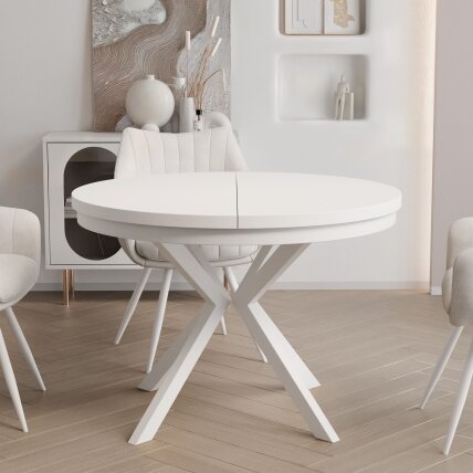 Apvalus išskleidžiamas stalas MILTON su žiedu ant metalinių kojų Spalvos: Balta / arktinė balta, Skersmuo: ø 100 cm 5 Apvalus išskleidžiamas stalas MILTON su žiedu ant metalinių kojų Spalvos: Balta / arktinė balta, Skersmuo: ø 100 cm 5