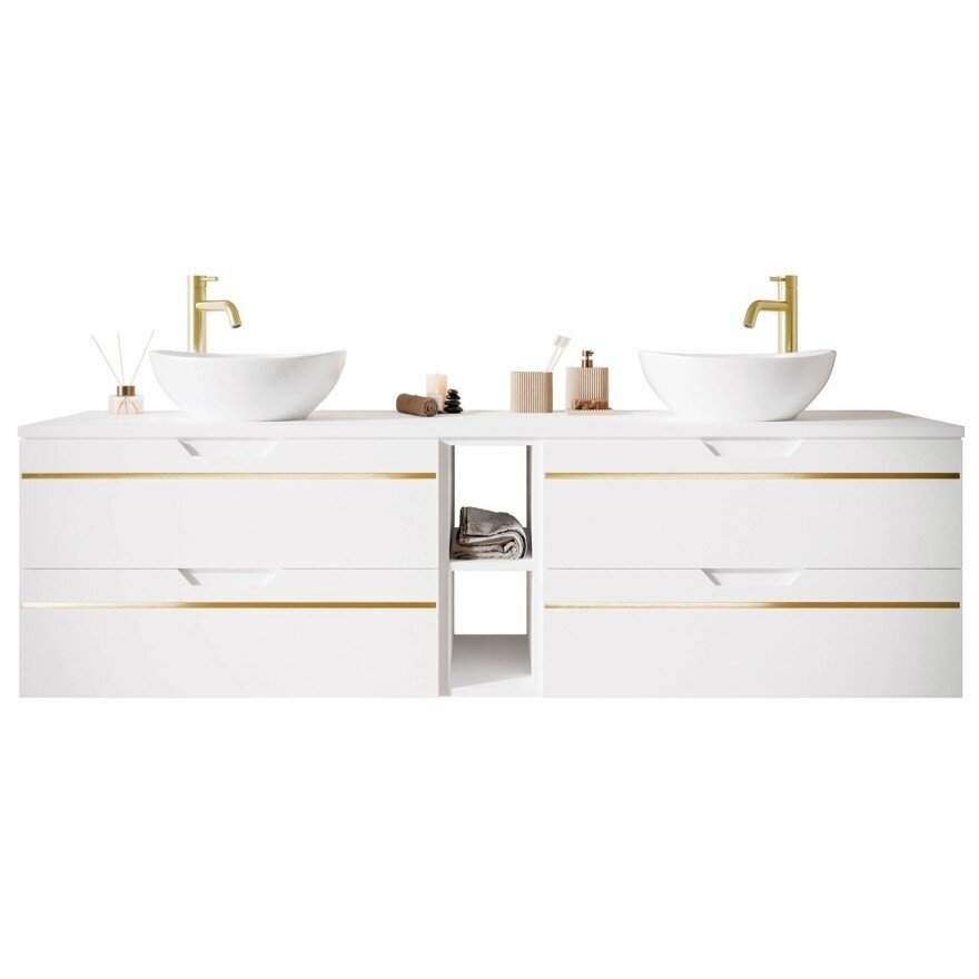 OPIUM140, pakabinamas vonios baldų komplektas su auksiniu maišytuvu ir praustuvu, baltas matinis