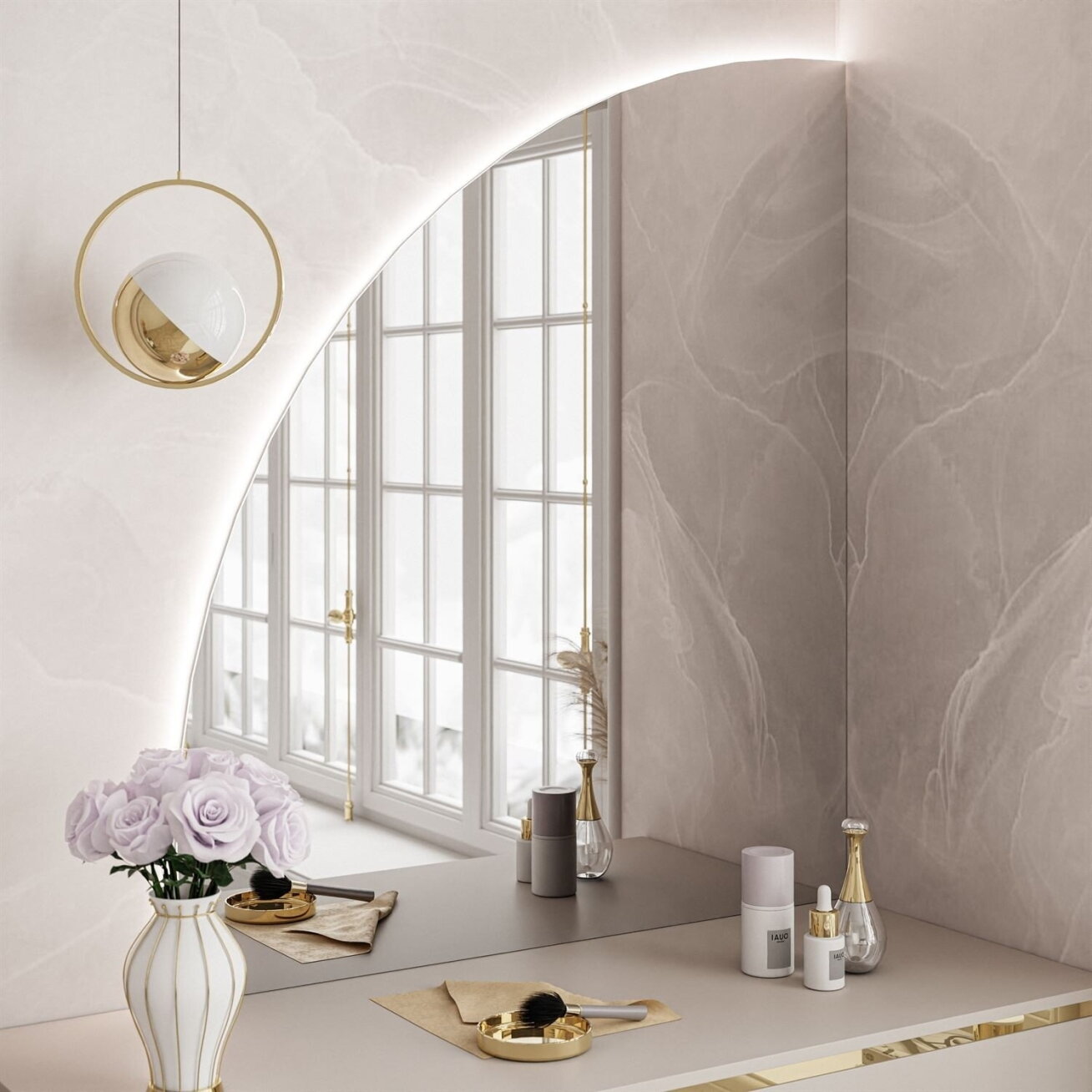 Pakabinamas veidrodis QUINNIE su LED apšvietimu, 80 × 95 cm, kairinis