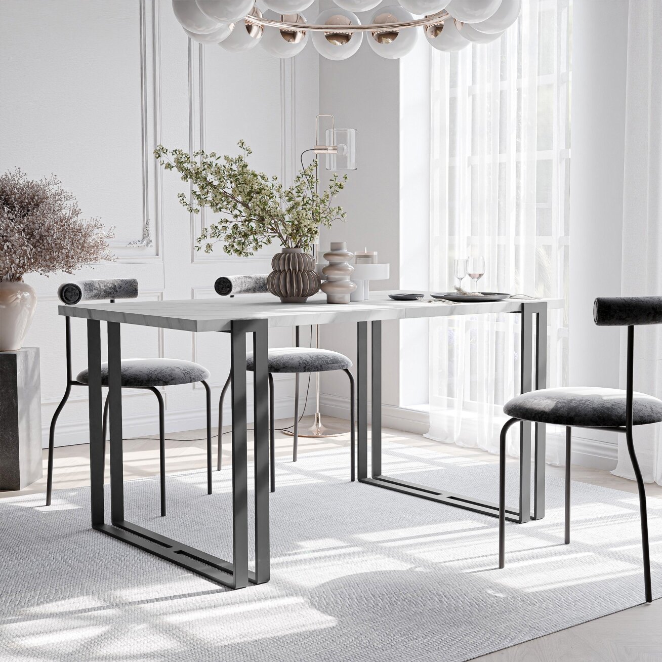 Stačiakampis išskleidžiamas stalas HOLTE ant metalinio pagrindo Spalvos: Juoda / marmuras bianco, Plotis: 160 cm Stačiakampis išskleidžiamas stalas HOLTE ant metalinio pagrindo Spalvos: Juoda / marmuras bianco, Plotis: 160 cm