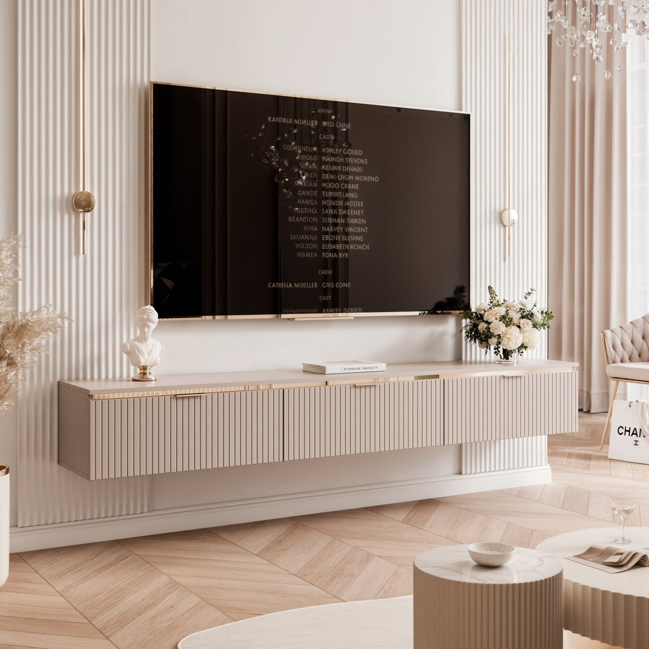 Raižyta TV spintelė SELIA 200 cm kašmyro spalvos su auksiniu intarpu Spalvos: Kašmyras, LED apšvietimas: taip, Atidarymo sistema: auksinės rankenėlės Raižyta TV spintelė SELIA 200 cm kašmyro spalvos su auksiniu intarpu Spalvos: Kašmyras, LED apšvietimas: taip, Atidarymo sistema: auksinės rankenėlės