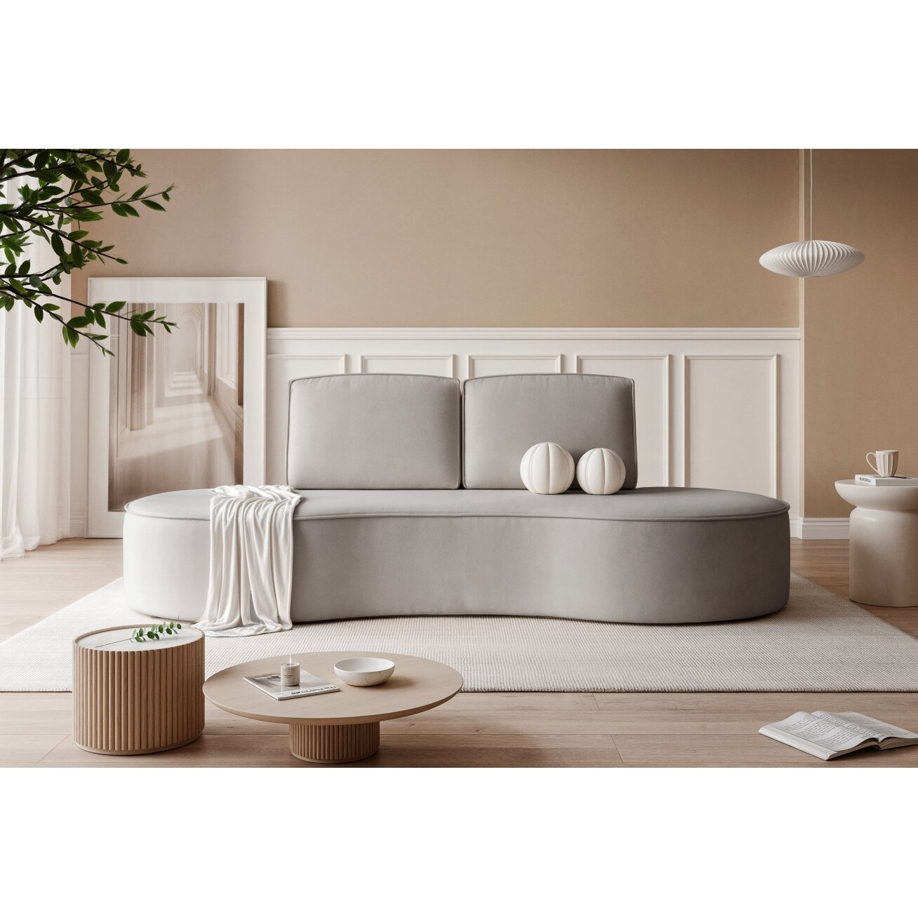 Minkšta sofa svetainei SOFIA su užapvalintais šonais Spalva: Riviera 91 (Šviesiai pilka) 1