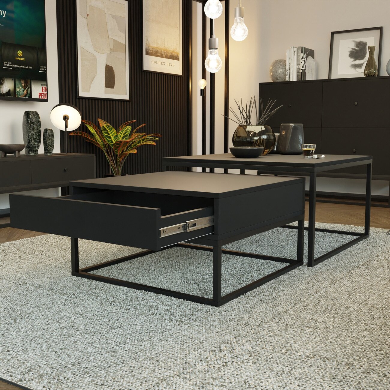 Kavos staliukas ELEGANT 2in1 su stalčiumi Spalvos: Juoda / juoda matinė 1