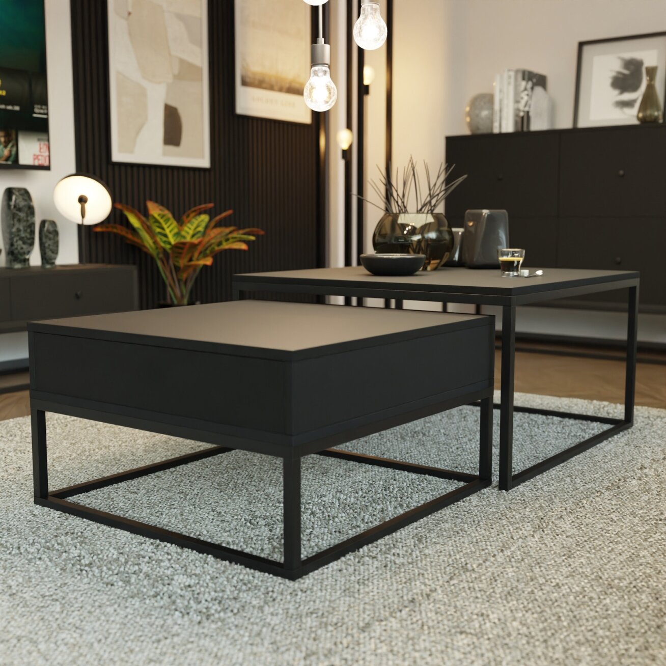 Kavos staliukas ELEGANT 2in1 su stalčiumi Spalvos: Juoda / juoda matinė