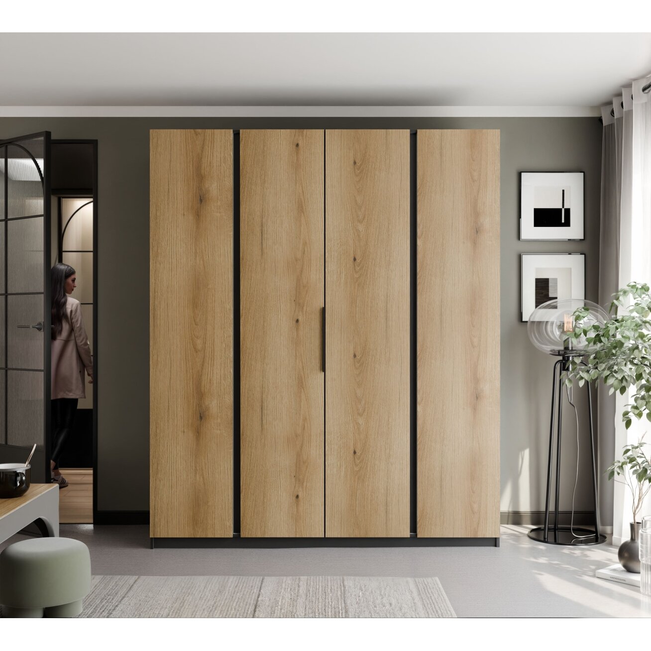 Keturdurė varstoma spinta VERONA 200 cm LED apšvietimas: ne, Spalvos: Juoda / ąžuolas evoke