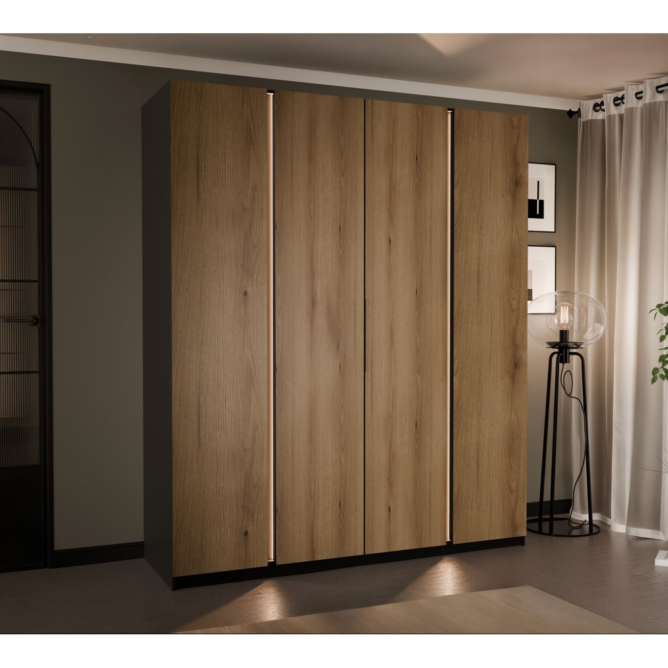 Keturdurė varstoma spinta VERONA 200 cm LED apšvietimas: taip, Spalvos: Juoda / ąžuolas evoke