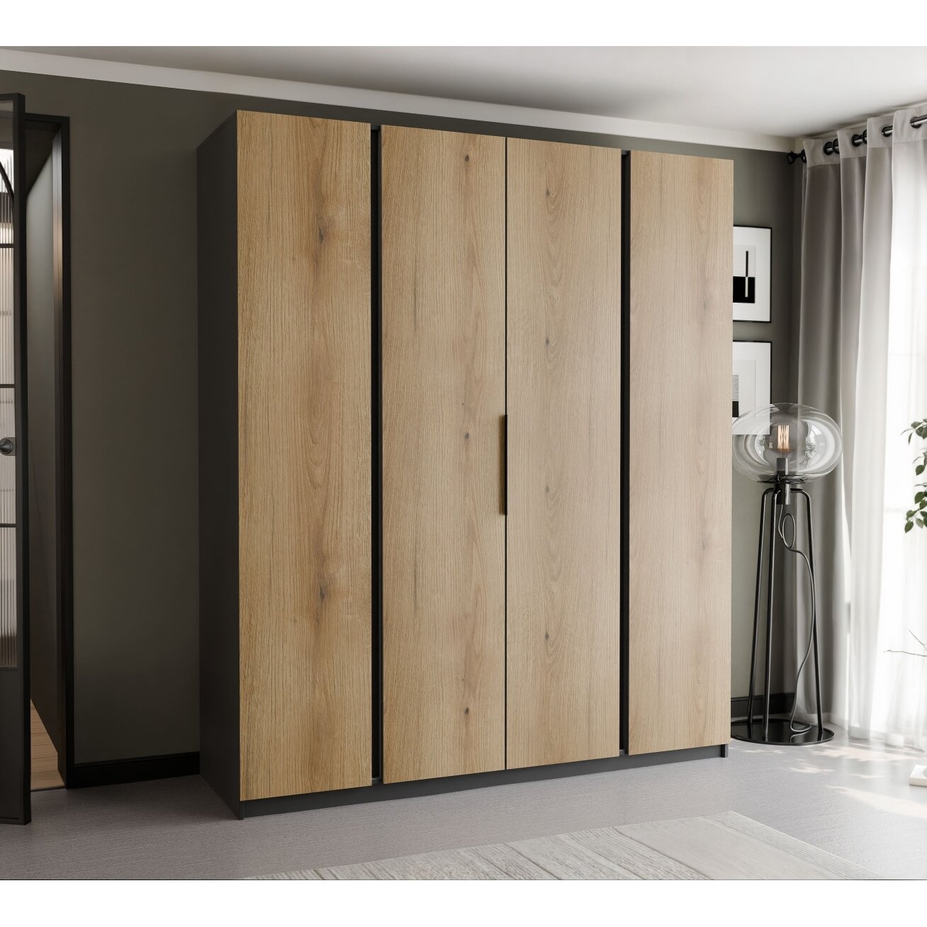 Keturdurė varstoma spinta VERONA 200 cm LED apšvietimas: taip, Spalvos: Juoda / ąžuolas evoke 2
