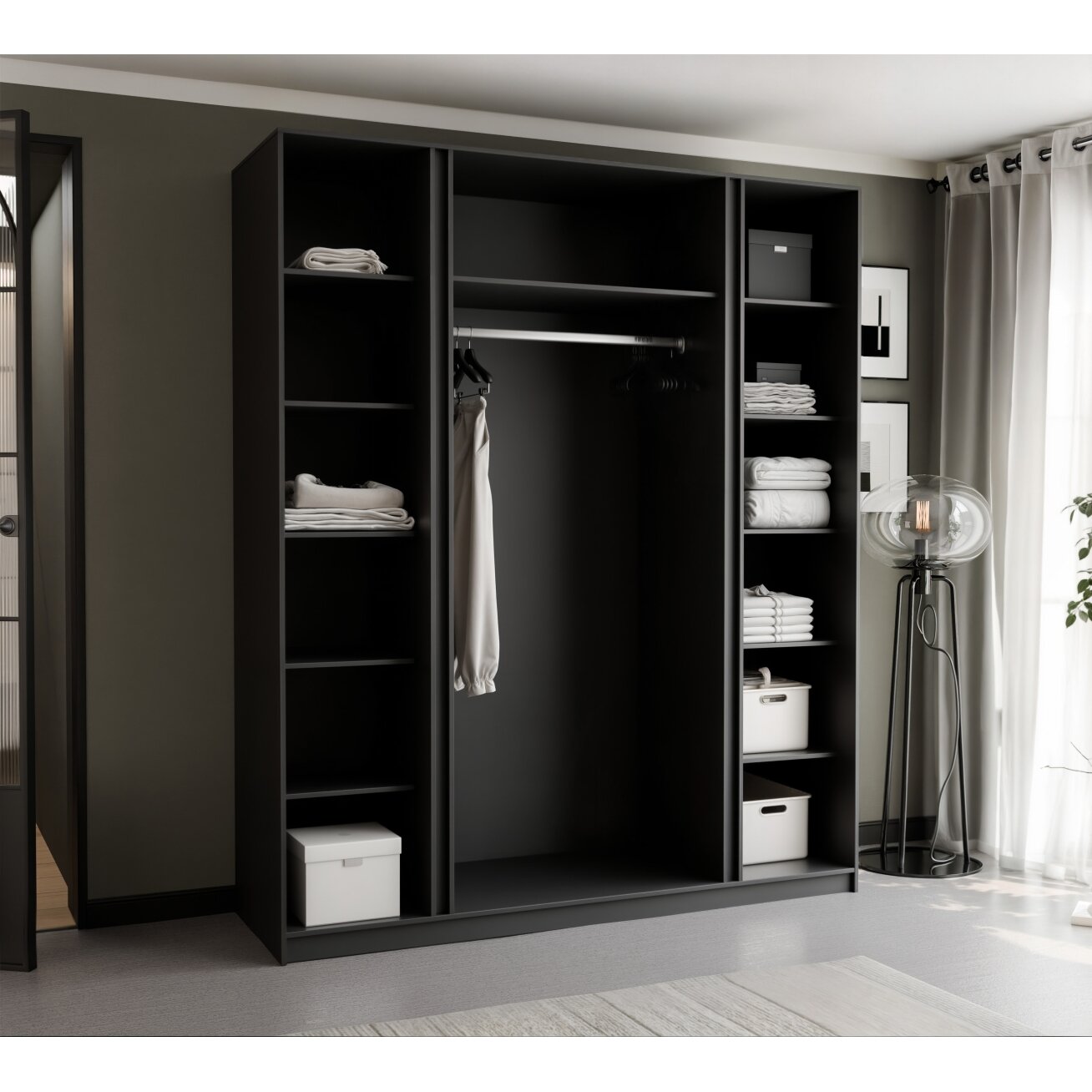 Keturdurė varstoma spinta VERONA 200 cm LED apšvietimas: taip, Spalvos: Juoda / ąžuolas evoke 4