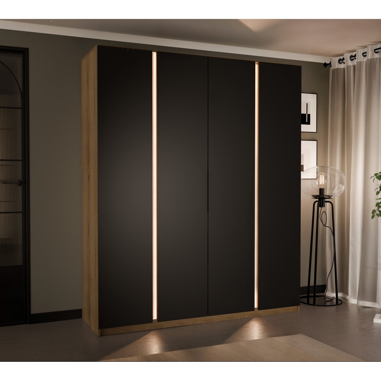 Keturių varstomų durų spinta VERONA 200 cm LED apšvietimas: taip, Spalvos: ąžuolas evoke / juoda
