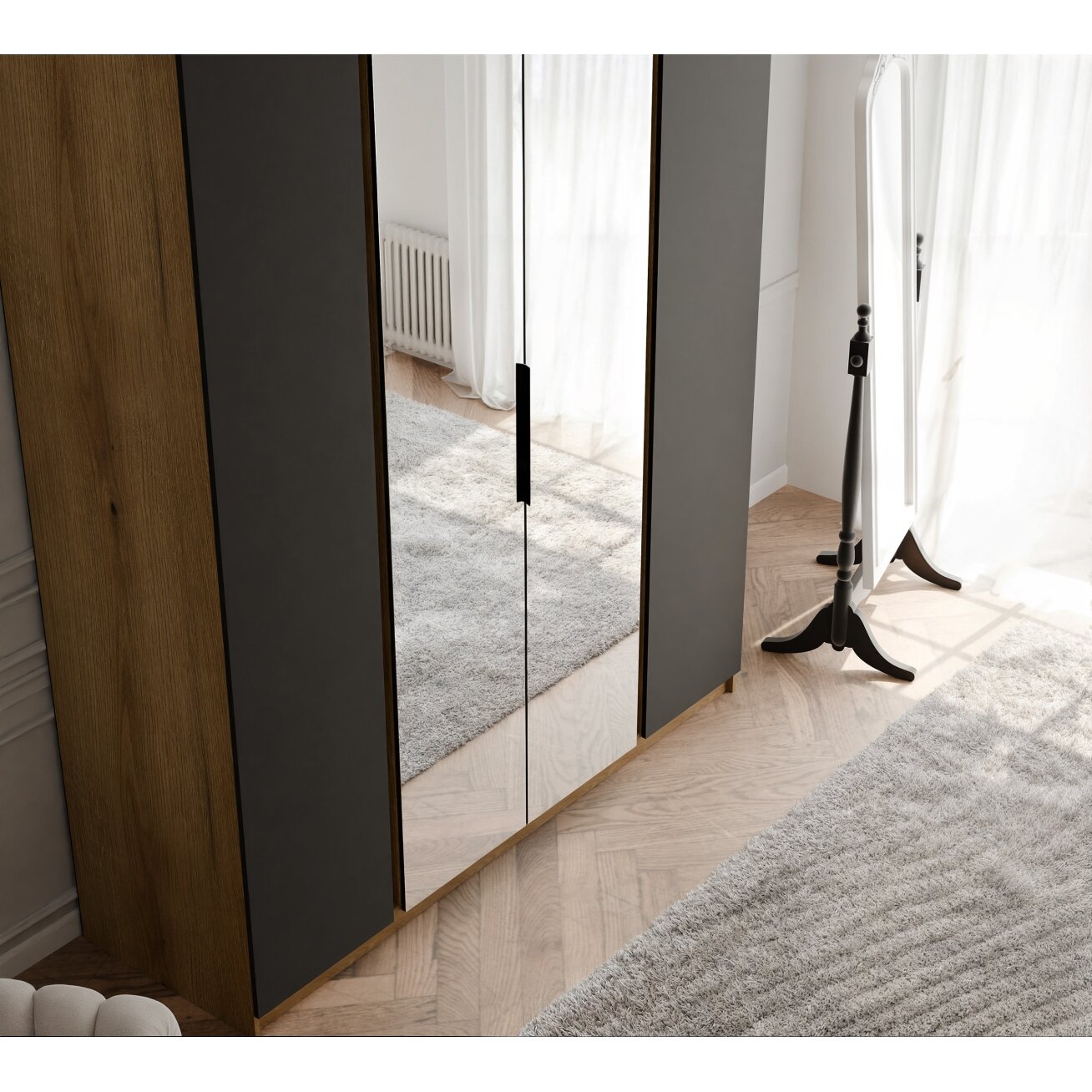 Keturdurė varstoma spinta VERONA 200 cm su dideliu veidrodžiu LED apšvietimas: ne, Spalvos: ąžuolas evoke / juoda 2