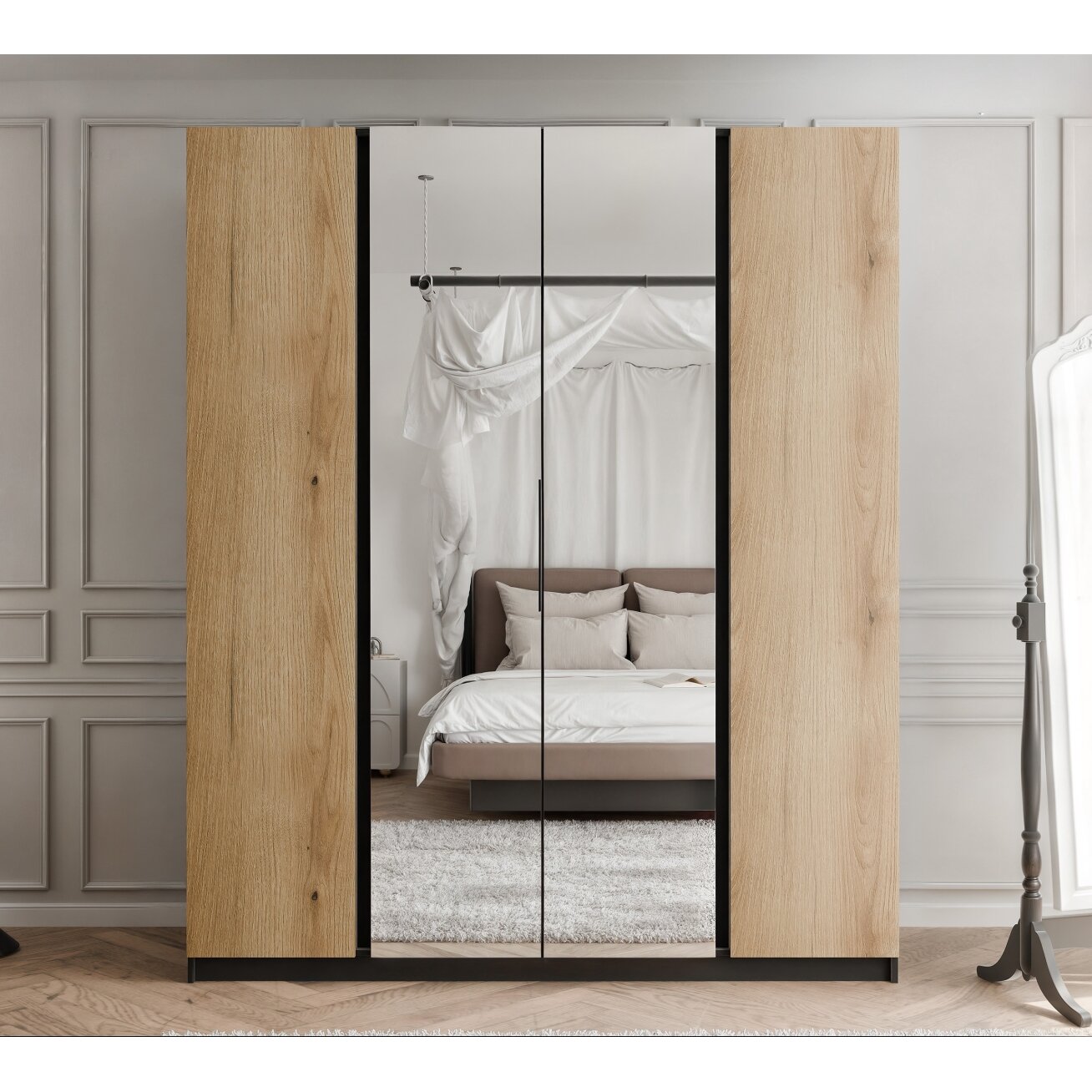 Keturdurė varstoma spinta VERONA 200 cm su dideliu veidrodžiu LED apšvietimas: ne, Spalvos: Juoda / ąžuolas evoke 1