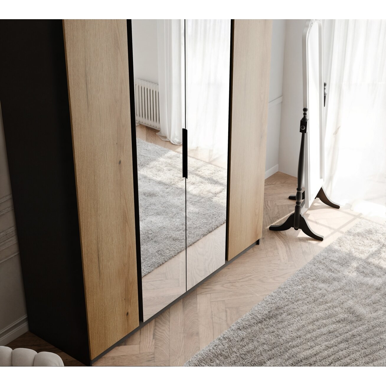 Keturdurė varstoma spinta VERONA 200 cm su dideliu veidrodžiu LED apšvietimas: ne, Spalvos: Juoda / ąžuolas evoke 2 Keturdurė varstoma spinta VERONA 200 cm su dideliu veidrodžiu LED apšvietimas: ne, Spalvos: Juoda / ąžuolas evoke 2