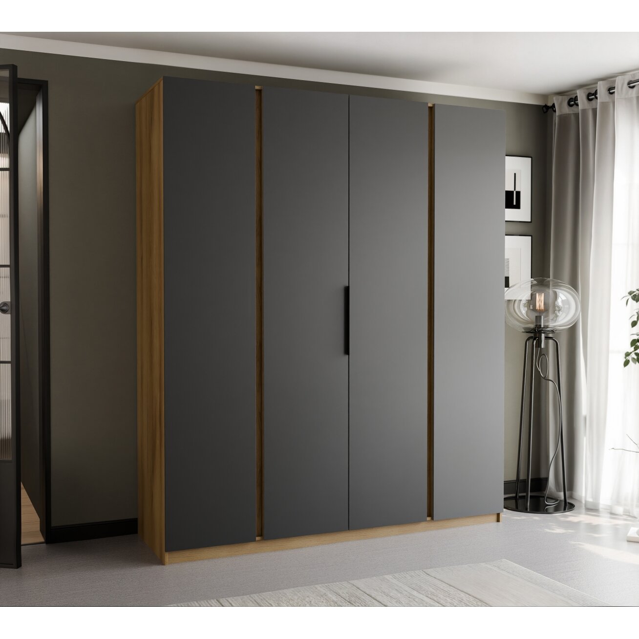 Keturdurė varstoma spinta VERONA 200 cm LED apšvietimas: ne, Spalvos: Ąžuolas evoke / juoda