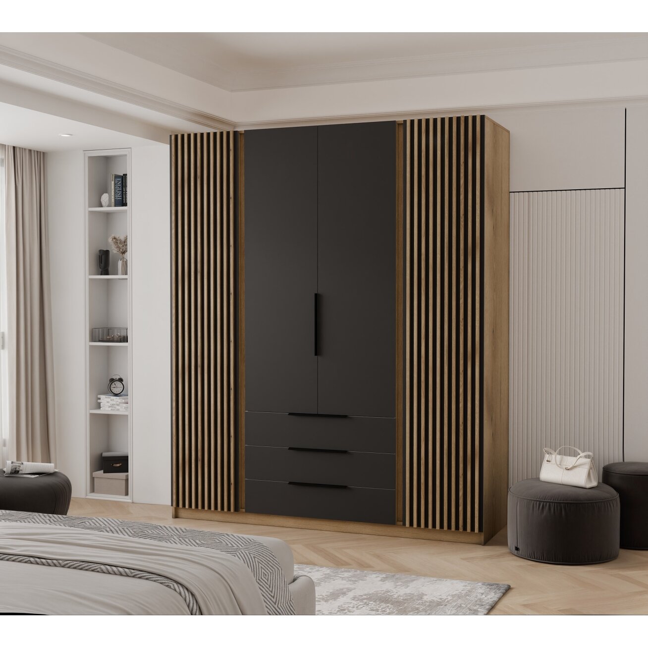 Keturdurė varstoma spinta VERONA su lamelėmis ir stalčiais LED apšvietimas: ne, Spalvos: Ąžuolas evoke / juoda Keturdurė varstoma spinta VERONA su lamelėmis ir stalčiais LED apšvietimas: ne, Spalvos: Ąžuolas evoke / juoda