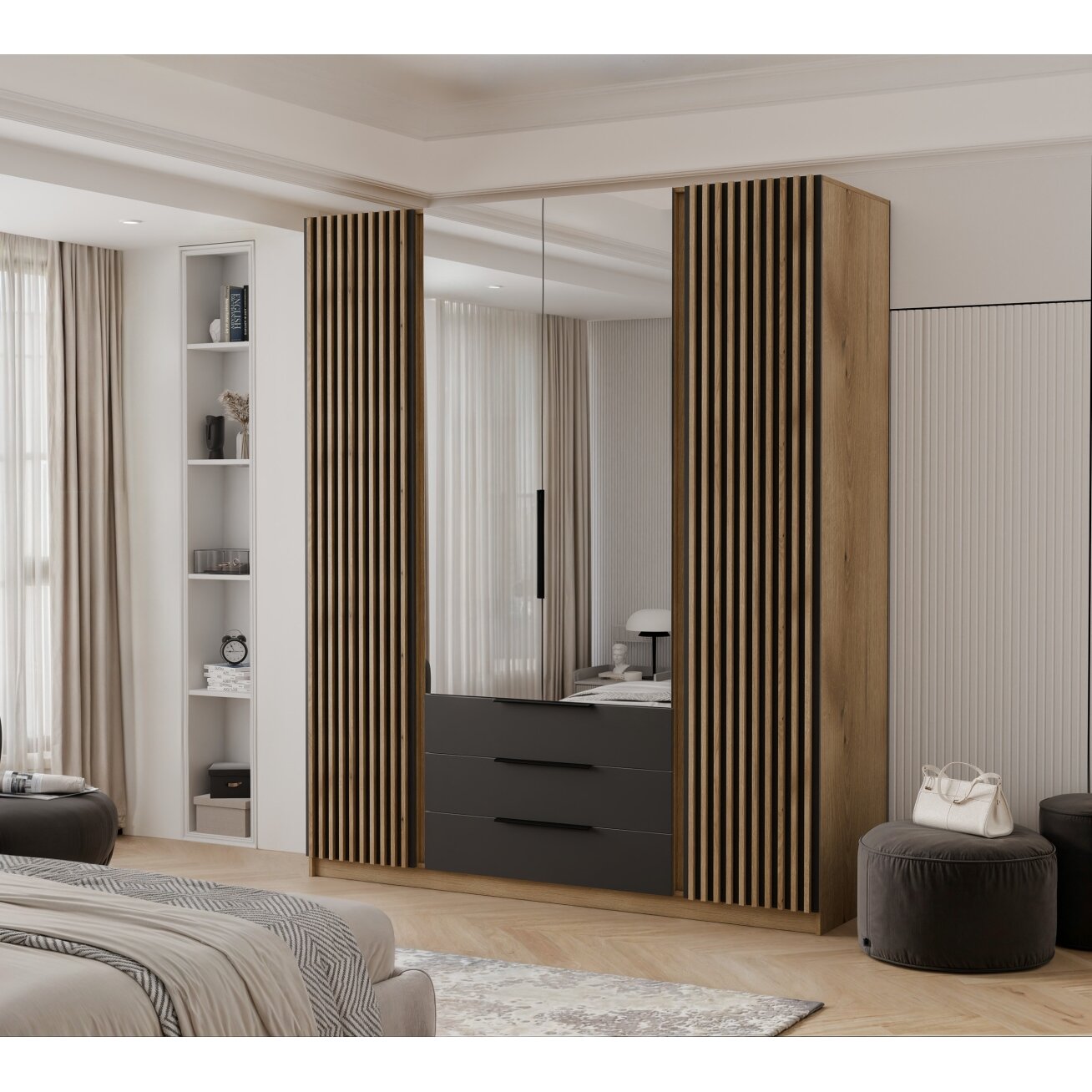 Keturdurė varstoma spinta VERONA su veidrodžiu ir lamelėmis LED apšvietimas: taip, Spalvos: Ąžuolas evoke / juoda 3 Keturdurė varstoma spinta VERONA su veidrodžiu ir lamelėmis LED apšvietimas: taip, Spalvos: Ąžuolas evoke / juoda 3
