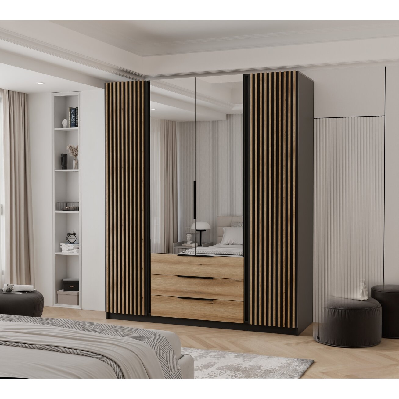 Keturdurė varstoma spinta VERONA su veidrodžiu ir lamelėmis LED apšvietimas: taip, Spalvos: Juoda / evoke ąžuolas 1 Keturdurė varstoma spinta VERONA su veidrodžiu ir lamelėmis LED apšvietimas: taip, Spalvos: Juoda / evoke ąžuolas 1