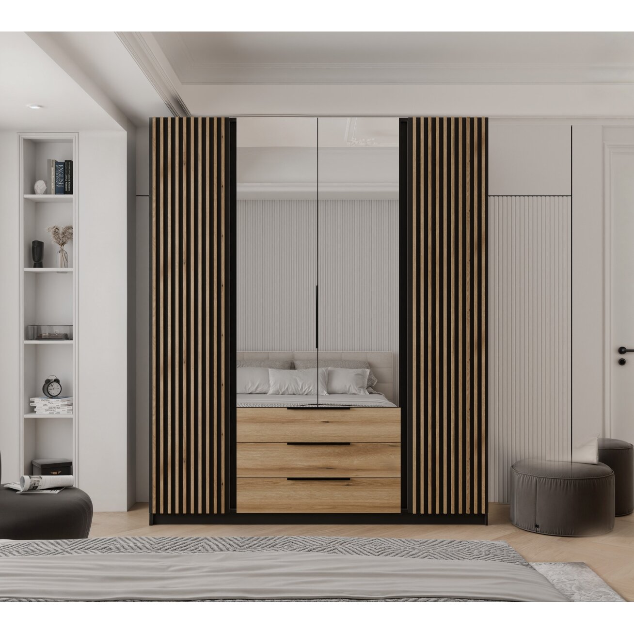 Keturdurė varstoma spinta VERONA su veidrodžiu ir lamelėmis LED apšvietimas: taip, Spalvos: Juoda / evoke ąžuolas 2 Keturdurė varstoma spinta VERONA su veidrodžiu ir lamelėmis LED apšvietimas: taip, Spalvos: Juoda / evoke ąžuolas 2