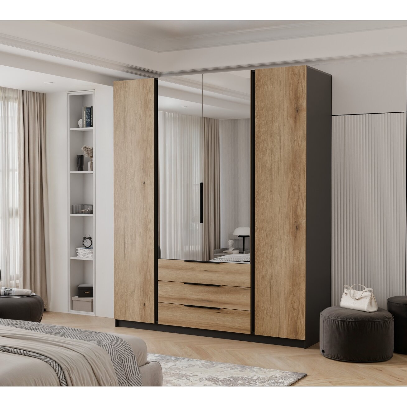Keturdurė varstoma spinta VERONA su veidrodžiu ir stalčiais LED apšvietimas: ne, Spalvos: Juoda / evoke ąžuolas 2 Keturdurė varstoma spinta VERONA su veidrodžiu ir stalčiais LED apšvietimas: ne, Spalvos: Juoda / evoke ąžuolas 2