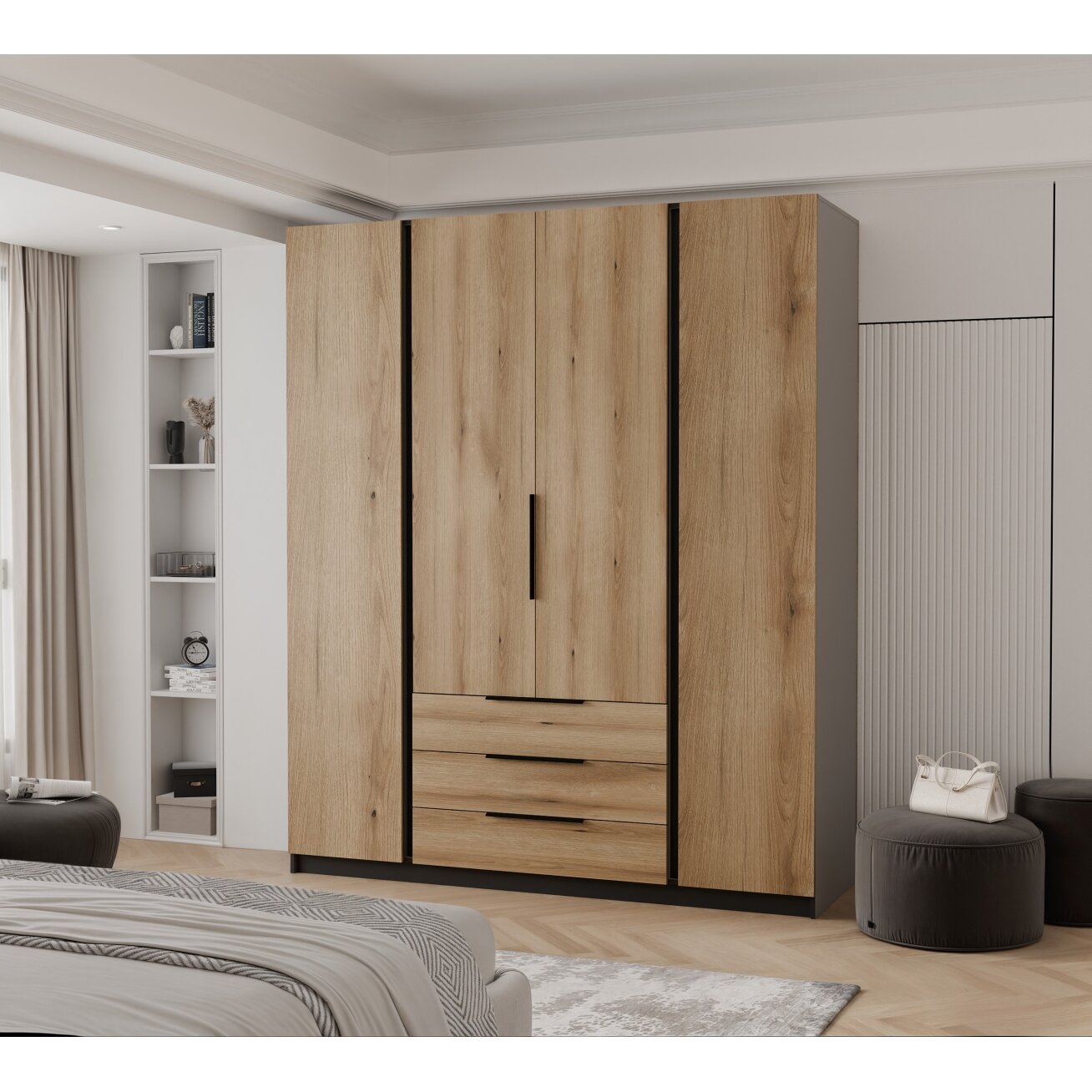 Keturdurė varstoma spinta VERONA su stalčiais LED apšvietimas: taip, Spalvos: Juoda / ąžuolas evoke 1 Keturdurė varstoma spinta VERONA su stalčiais LED apšvietimas: taip, Spalvos: Juoda / ąžuolas evoke 1